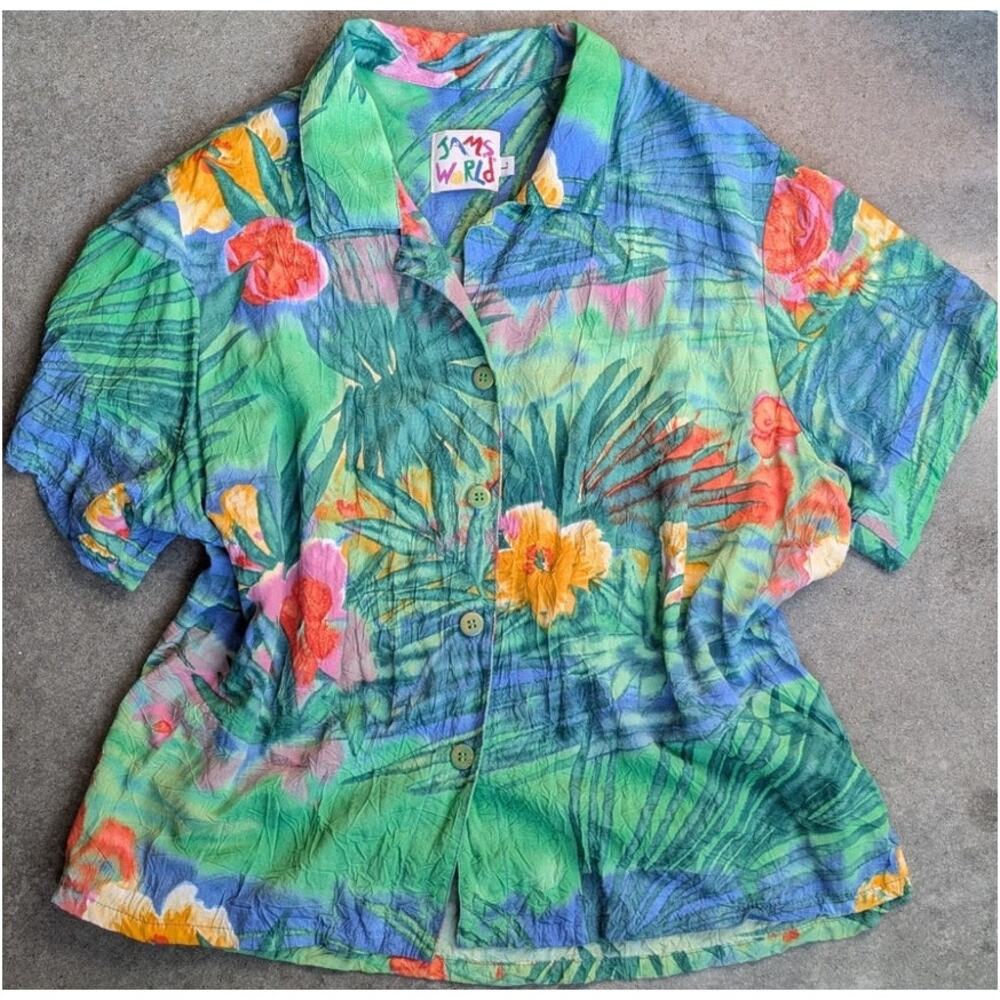 Vintage Jams World Tropical Hawaiian Rayon Camp Shirt Size L Boxy Art W635-TROP